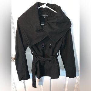 Women's Black Double-Breasted Cowl Neck & Belted Waist Pea Coat | Size Small